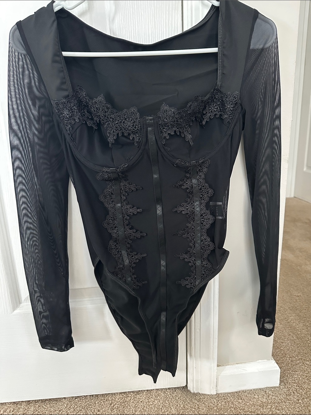 SHEIN Black Lace-Trim Long Sleeve Mesh Bodysuit
